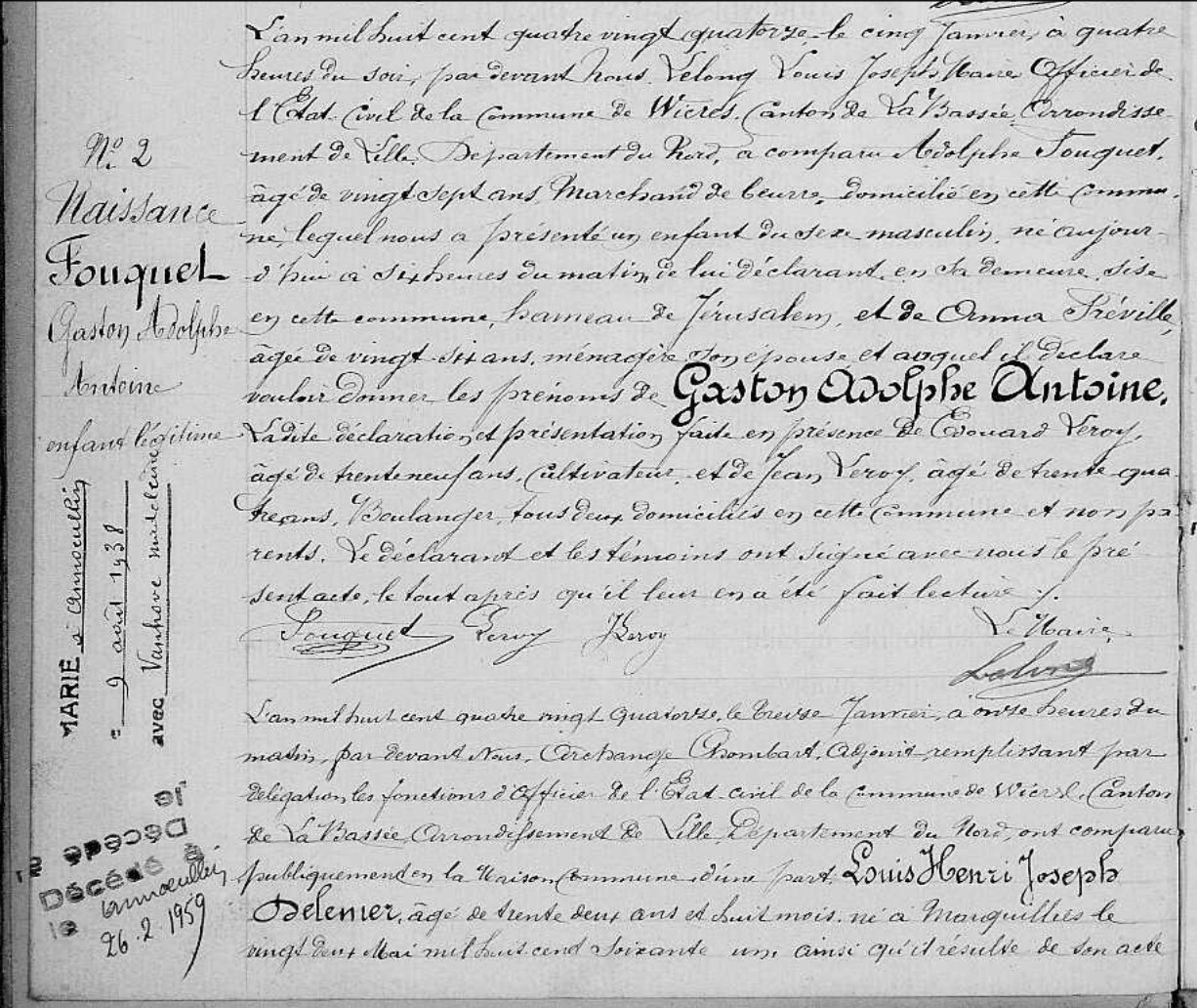 Documents Acte de naissance de Gaston Adolphe Antoine